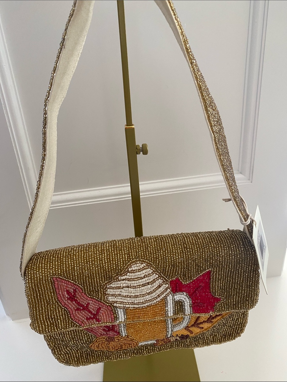 Beaded Gold Crossbody Bag with Autumn Leaf Accents